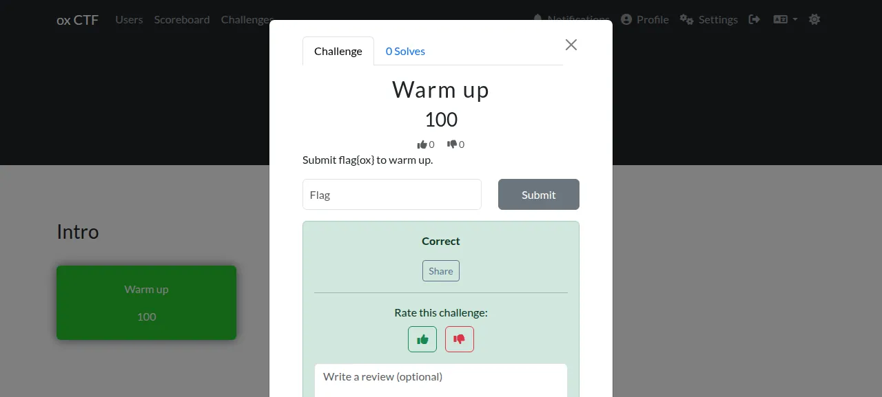 A player's flag submission for Warm up marked Correct in CTFd
