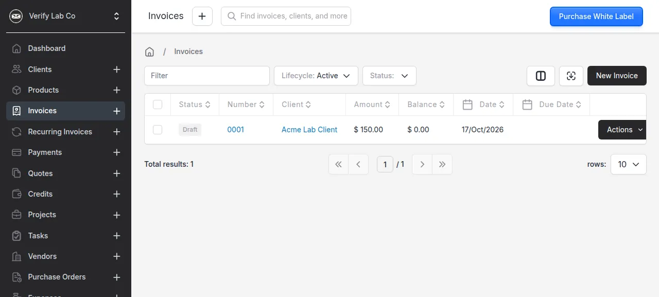 The Invoice Ninja Invoices list with invoice 0001 for Acme Lab Client at $150.00