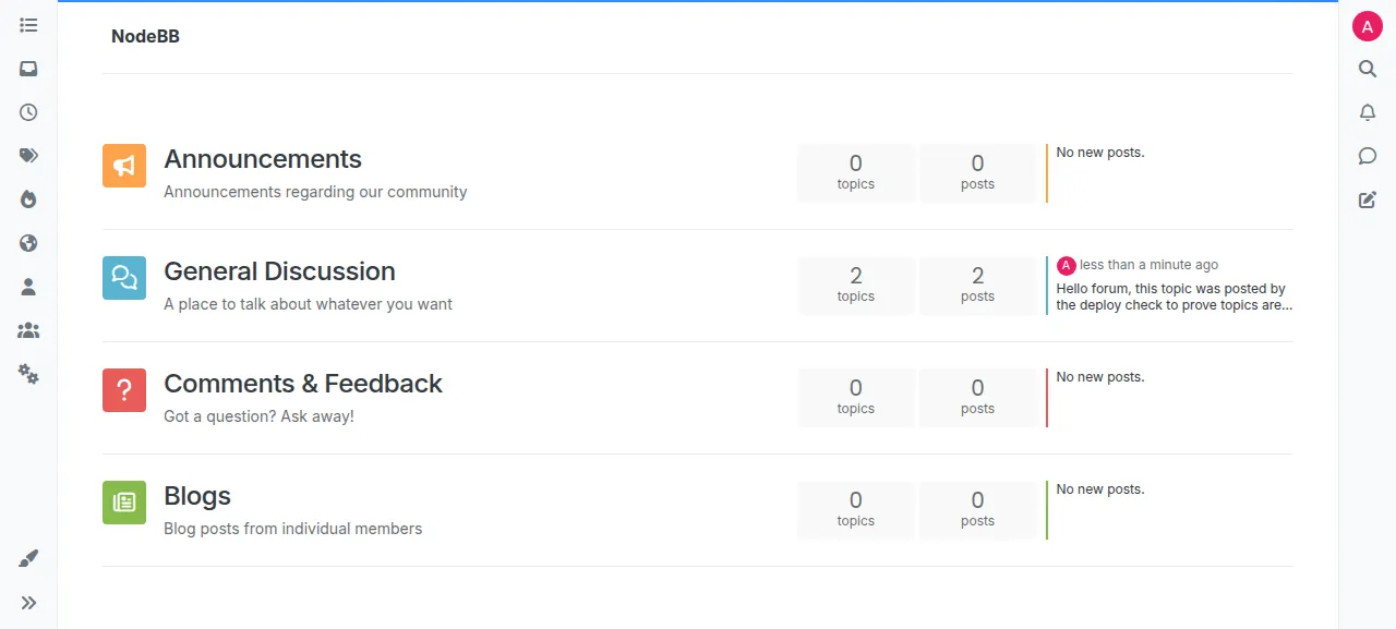 The NodeBB forum home page after a new topic was posted in General Discussion