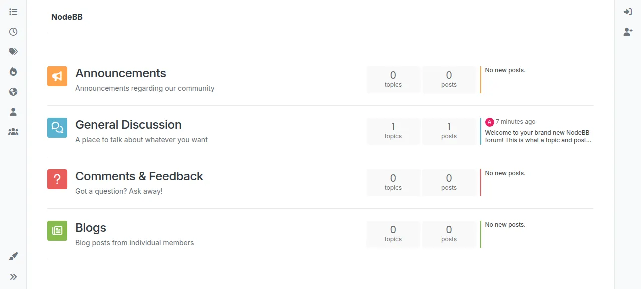 The NodeBB forum home page with its four categories
